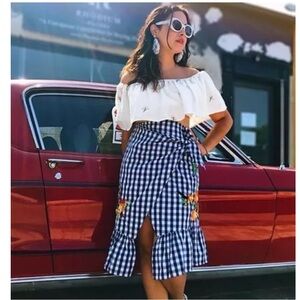 🌸 ZARA BLUE WHITE GINGHAM EMBROIDERED
SKIRT RUFFLE SEQUINS XS 🌸